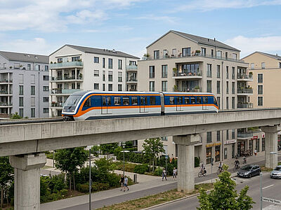 Magnetschwebebahn auf aufgeständerter Betontrasse, dahinter Wohnhäuser. Mit Künstlicher Intelligenz erstelltes Symbolbild.
