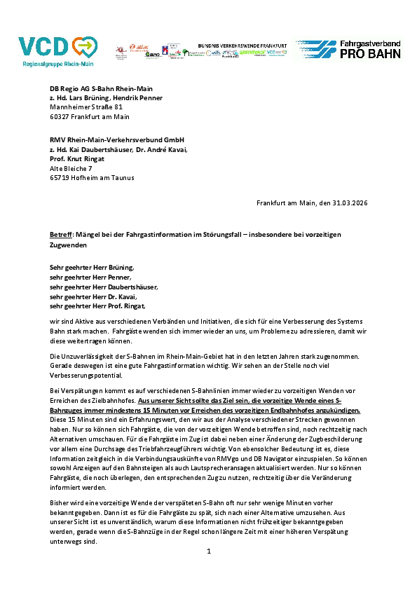 offener Brief vorzeitiges Wenden der S-Bahnen
