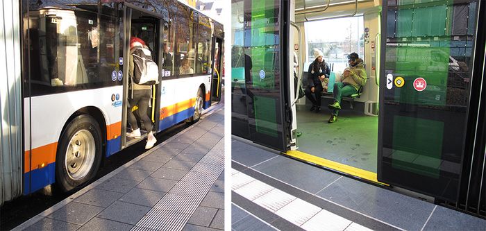 Einstiegssituation bei einem Wiesbadener Bus mit Stufe und bei einer Luxemburger Straßenbahn stufenfrei