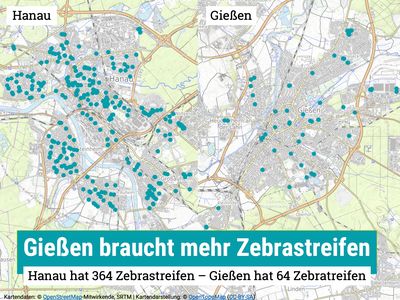 Karten , die Zeigen, dass die Stadt Hanau deutlich mehr Zebrastreifen als die Stadt Gießen hat.