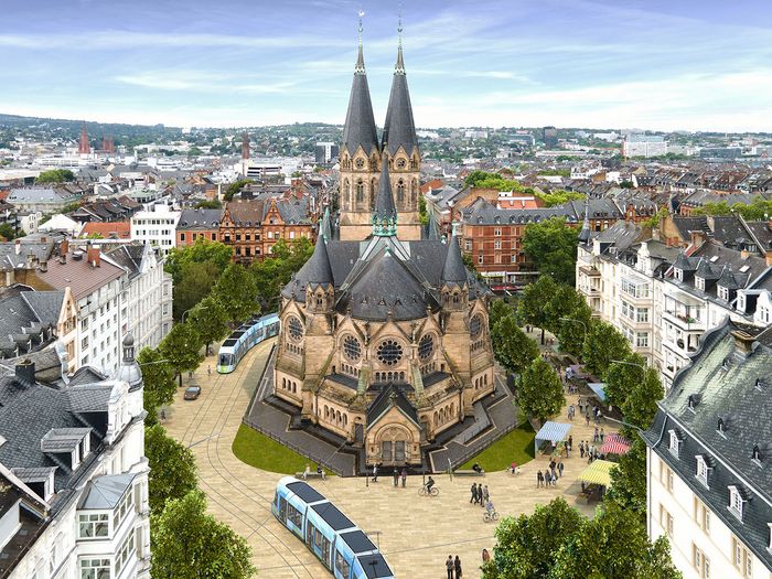 Visualisierung der verkehrsberuhigten Platzsituation um die Ringkirche mit Citybahnstrecke auf der einen Seite und Marktständen auf der anderen Seite