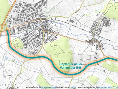 Karte mit dem geplanten Verlauf der B49-Ortsumgehung Reiskirchen/Lindenstruth