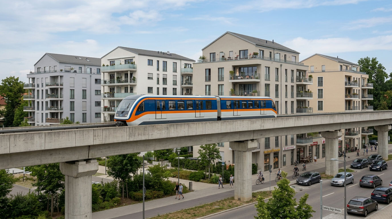 Magnetschwebebahn auf aufgeständerter Betontrasse, dahinter Wohnhäuser. Mit Künstlicher Intelligenz erstelltes Symbolbild.